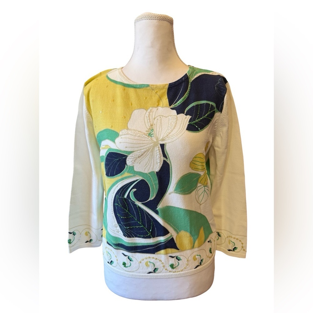Drapers & Damons Y2K Floral Blouse Small Embellished Yellow Green 3/4 Sleeve Top